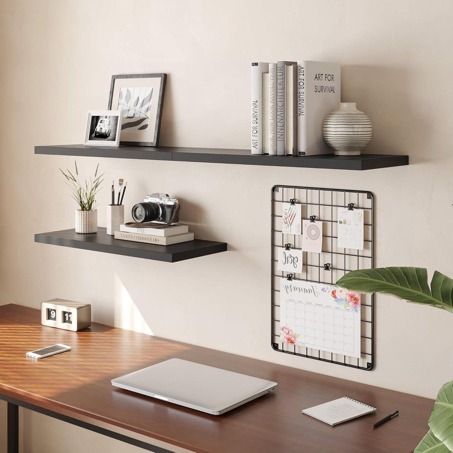 Wall Shelf Set of 2, Black Floating Shelves 24 in W x 10 in D x 1 in H, Wooden Floating Wall Shelf with Invisible Brackets for Living Room/Bedroom/Bathroom/Kitchen Storage and Decor