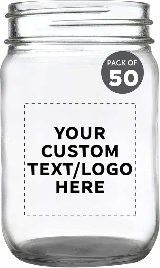 DISCOUNT PROMOS Custom Decorating Mason Jars 12 oz. Set of 50, Personalized Bulk Pack - Glass Jars for Overnight Oats, Candies, Fruits, Pickles, Spices, Beverages - Black