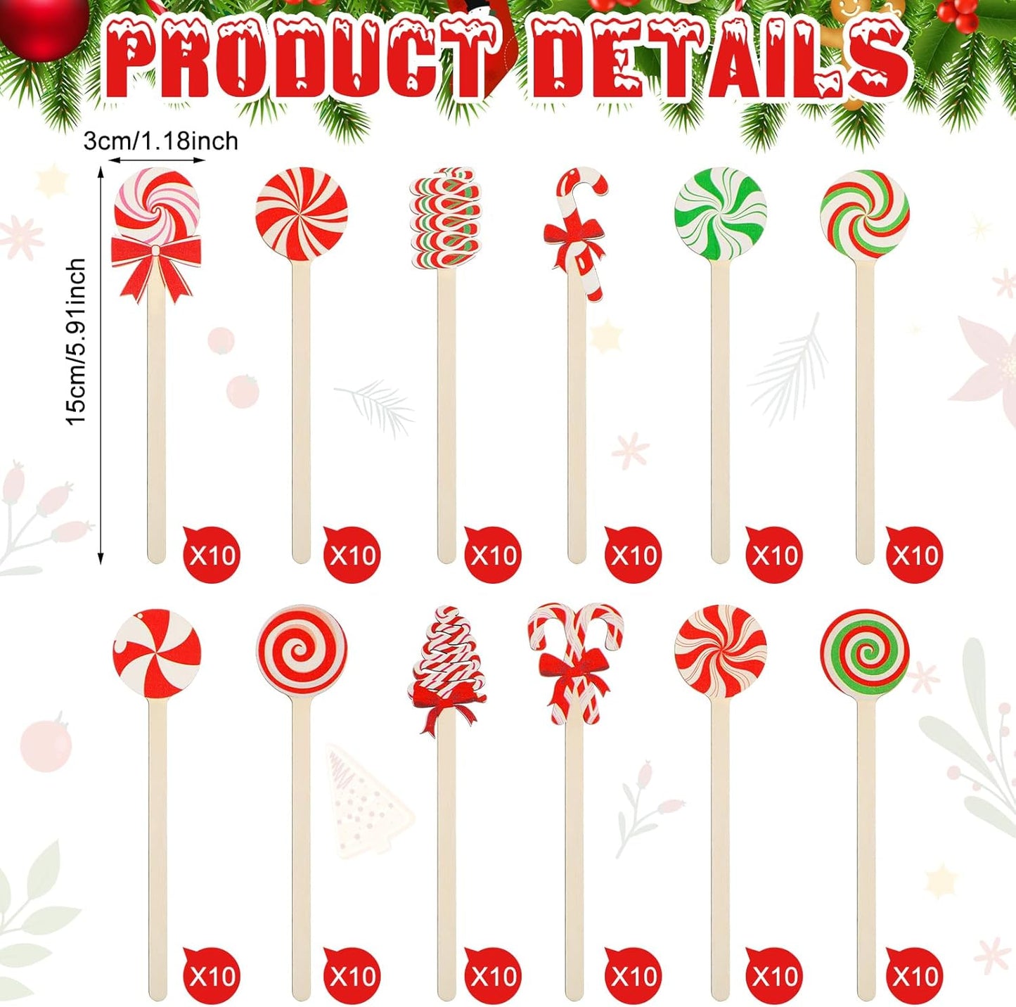 Jinei 120 Pcs Christmas Wooden Coffee Stirrers Wood Cocktail Coffee Stir Sticks Disposable Drink Stirrers for Stirring Hot Chocolate Milkshake Restaurant Home Office (Candy Style)