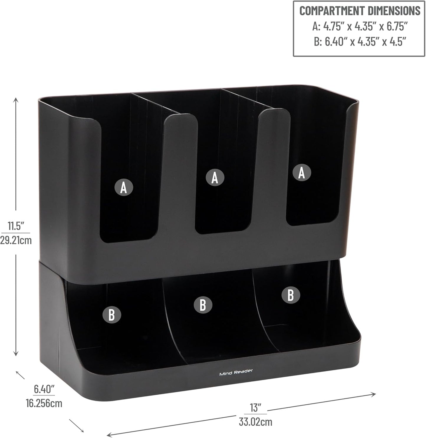 Mind Reader 6 Compartment Upright Breakroom Coffee Condiment and Cup Storage Organizer, Black