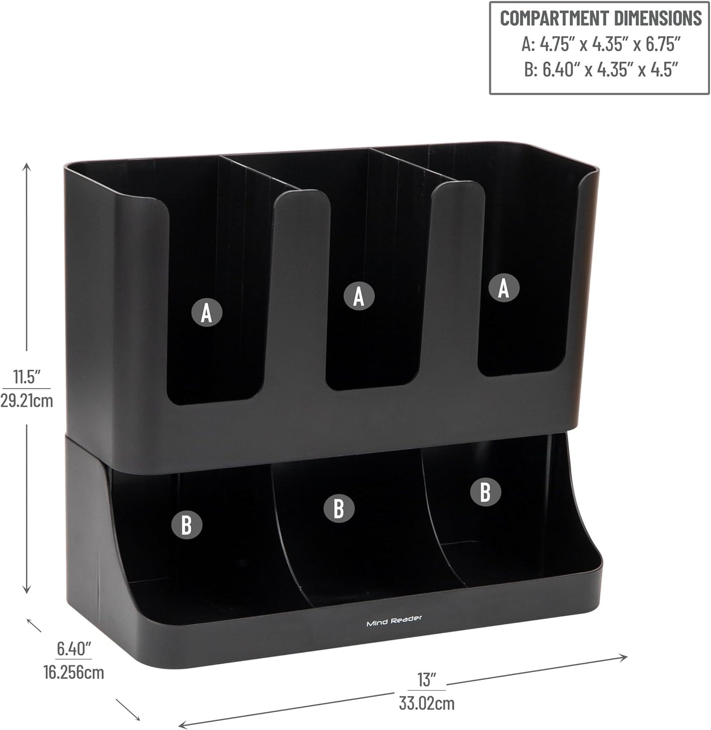 Mind Reader 6 Compartment Upright Breakroom Coffee Condiment and Cup Storage Organizer, Black