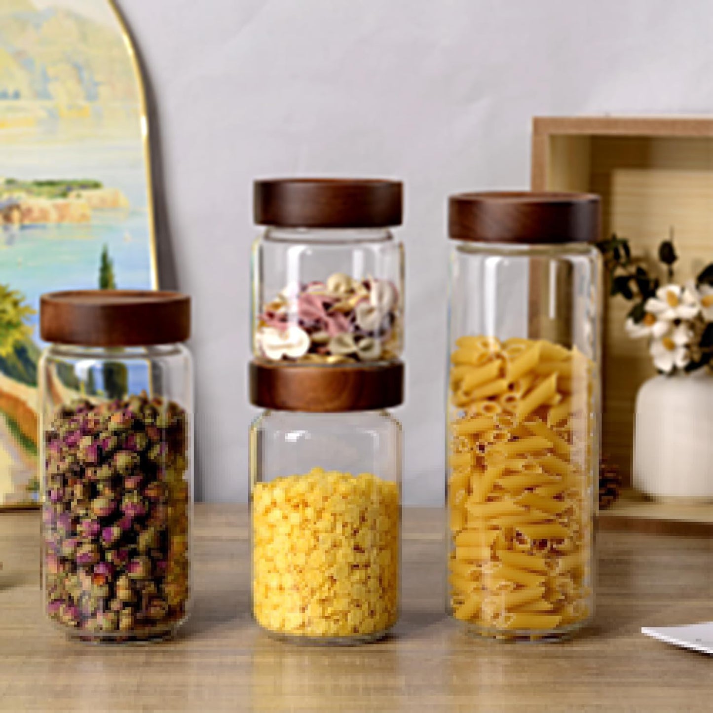 24 oz/710 ml Glass Jar with Airtight Wooden Screw Top Lid, Clear Stackable Food Storage Canister, Medium Cute Decorative Glass Container for Coffee, Candy, Cookie, Sugar, Oatmeal, Salt, Spice