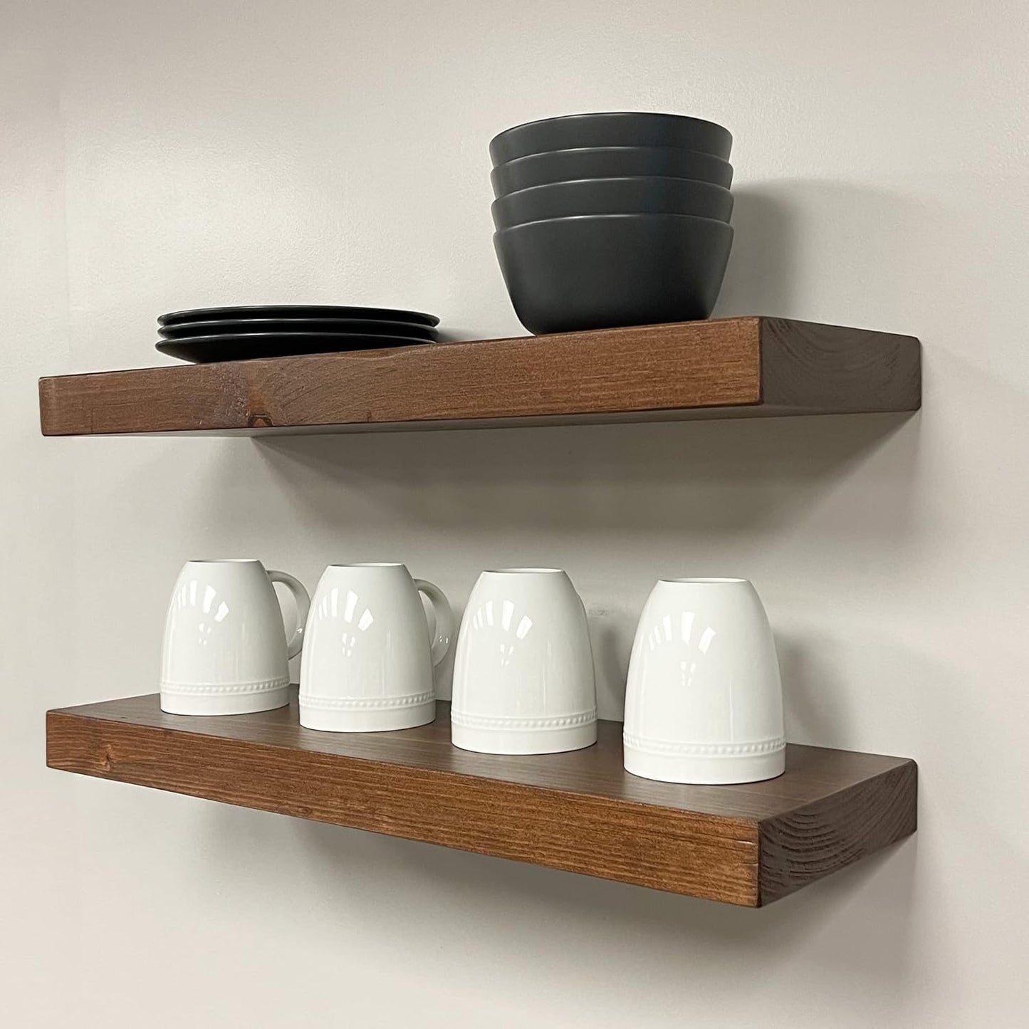 URBANDI, Rustic Floating Shelves, Set of 2, Hidden Bracket, Solid Wood, Heavy Duty, Wall Mounted Shelves, (Provincial, 12Wx6D)