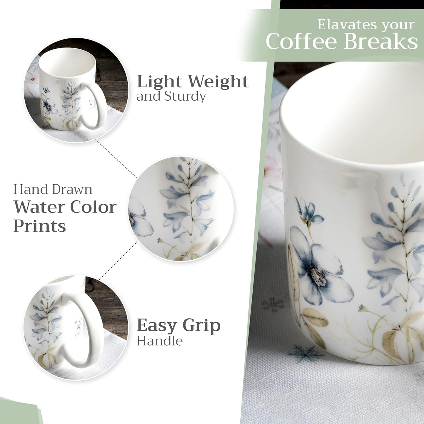 Maison d' Hermine Coffee Mug with Handles Fine Bone China Mugs Pack of One Tea Cups for Hot Beverages Cappuccino Latte Home Restaurant Office Perfect for Gift (Ice Florals - Forsty Morning, 15 Ounce)