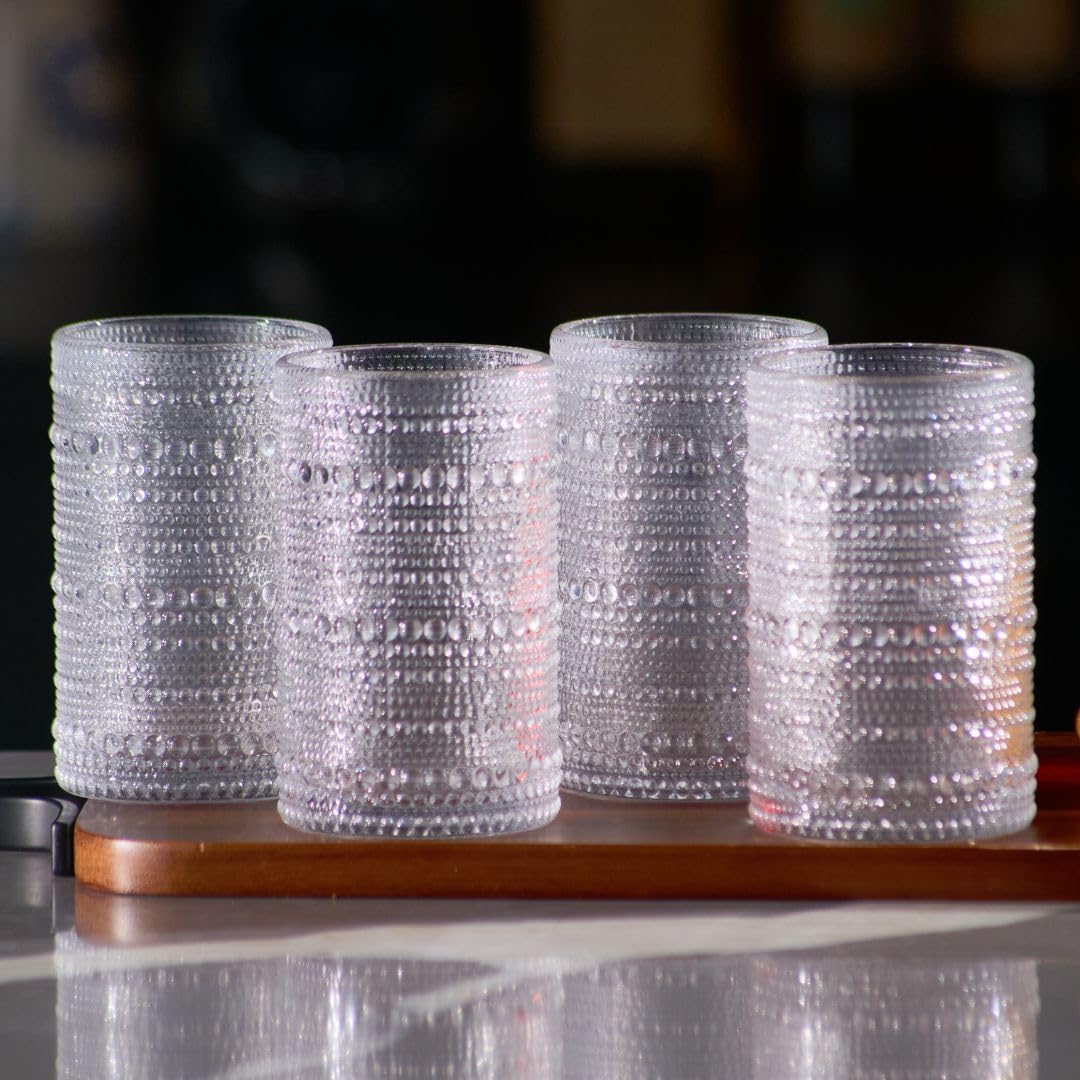 LEMONSODA Hobnail Highball Glasses Set of 4 – Vintage Clear Drinking Glass Cups 15oz – Textured Tall Retro Glassware Tumblers for Water, Iced Coffee, Cocktails, Soda, Juice (Highball 15oz, Set of 4)