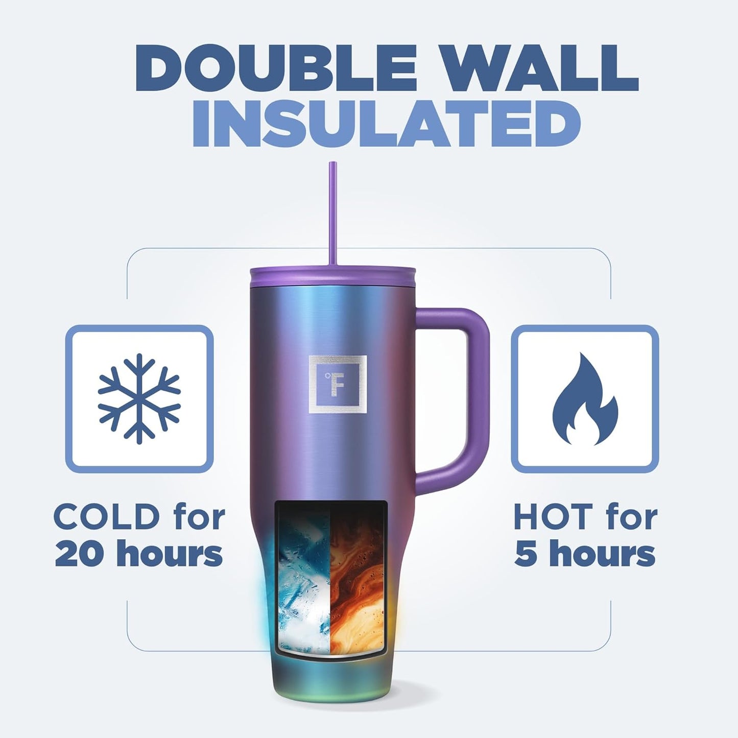 IRON °FLASK Co-Pilot Insulated Mug w/Straw & Flip Cap Lids - Cup Holder Bottle for Hot, Cold Drink - Leak-Proof- Water, Coffee Portable Travel Tumbler - Lavender, 40 Oz