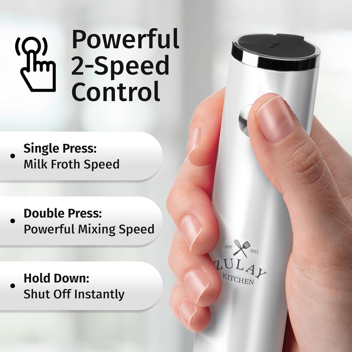 Zulay Kitchen Lux Rechargeable Milk Frother Handheld - Powerful 2-Speed Motor, Fully Waterproof, 2000mAh Battery - Drink Mixer For Latte, Cappuccino, Matcha, Protein Powder - White