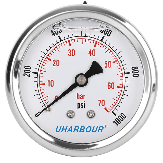 Glycerin Filled Pressure Gauge 1000psi/70bar, Stainless Steel case, Brass Inside Construction, 2-1/2" dial, 1/4" NPT Back Connection¡¦