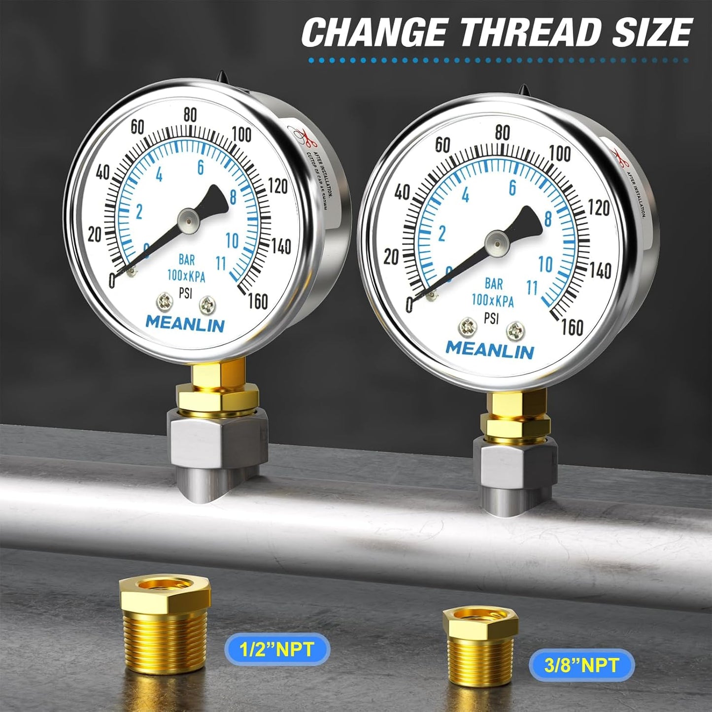 MEANLIN MEASURE 0~160Psi Dry Pressure Gauge Stainless Steel 1/4" NPT 2" FACE DIAL Waterproof for Air Compressor RV Regulator Water Pressure Tester Lower Mount, with 1/2" NPT and 3/8" NPT Hex Bushing