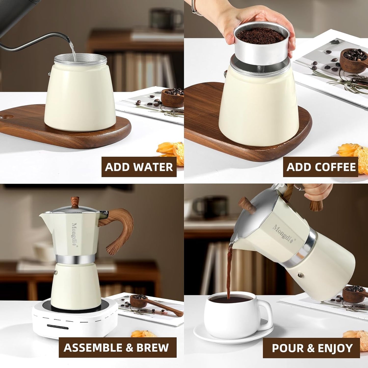Mongdio Stovetop Espresso Maker Moka Pot, Cuban Coffee Maker Stove top coffee maker Moka Italian Espresso Greca Coffee Maker Brewer Percolator, 12 Espresso Cups, 20 oz - White
