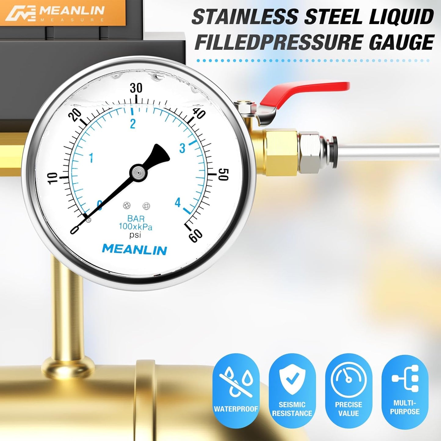 MEANLIN MEASURE 0~60Psi Stainless Steel 1/4" NPT 4" FACE DIAL Liquid Filled Pressure Gauge, Pool Sand Filter Water Pump Pressure Test Back Mount, with 1/4" x 1/2" NPT and 1/4" x 3/8" NPT Hex Bushing
