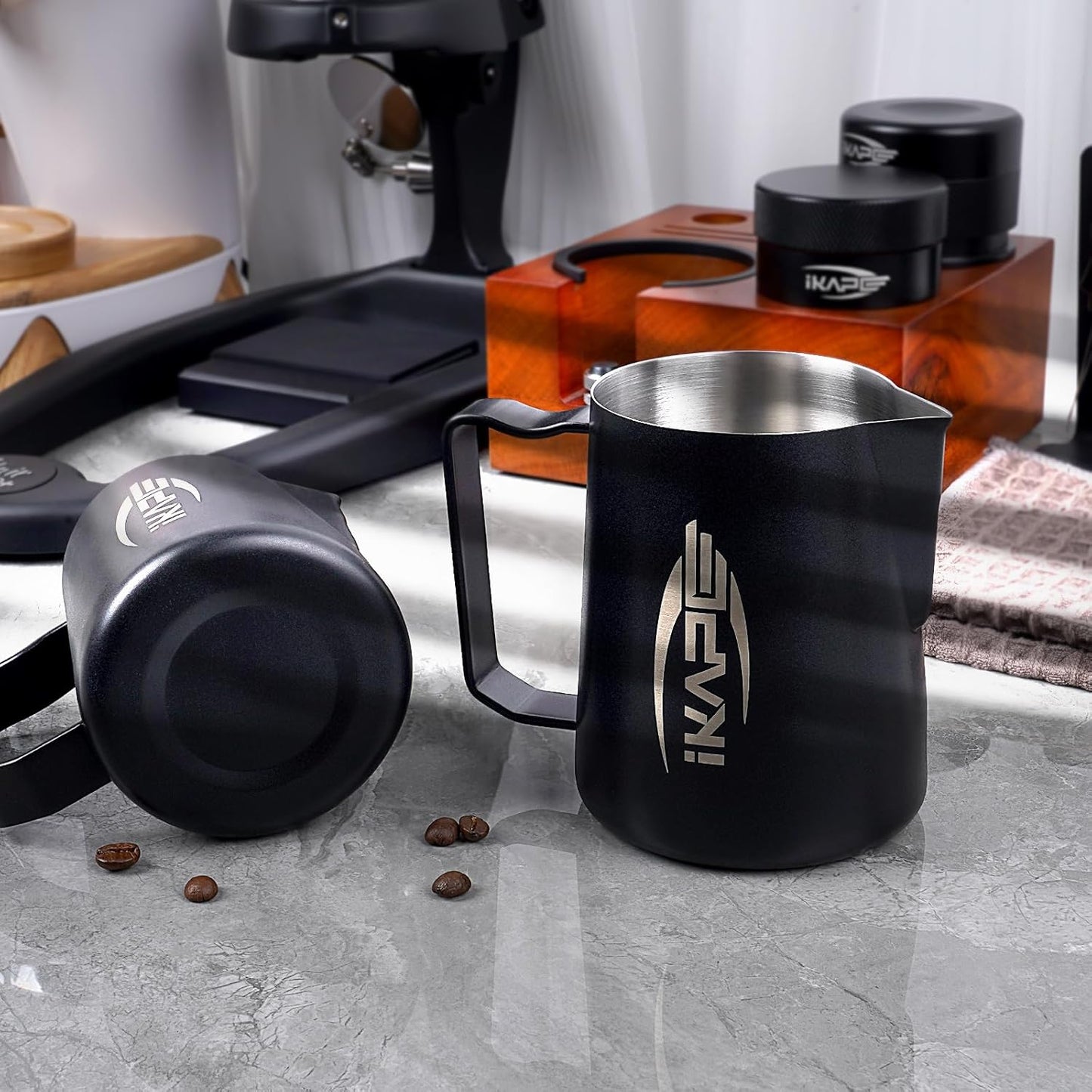 IKAPE Espresso Milk Pitcher, Espresso Steaming Pitcher with Sharp Spout for Espresso Barista Tool, 15.4 oz/450ml Milk Frothing Jug (Black)
