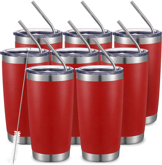 COMOOO 20oz Double Wall Vacuum Insulated Travel Mug, Stainless Steel Tumbler with Lid and Straw Durable Powder Coated Insulated Coffee Cup for Cold & Hot Drinks (Red, 8 PACK)