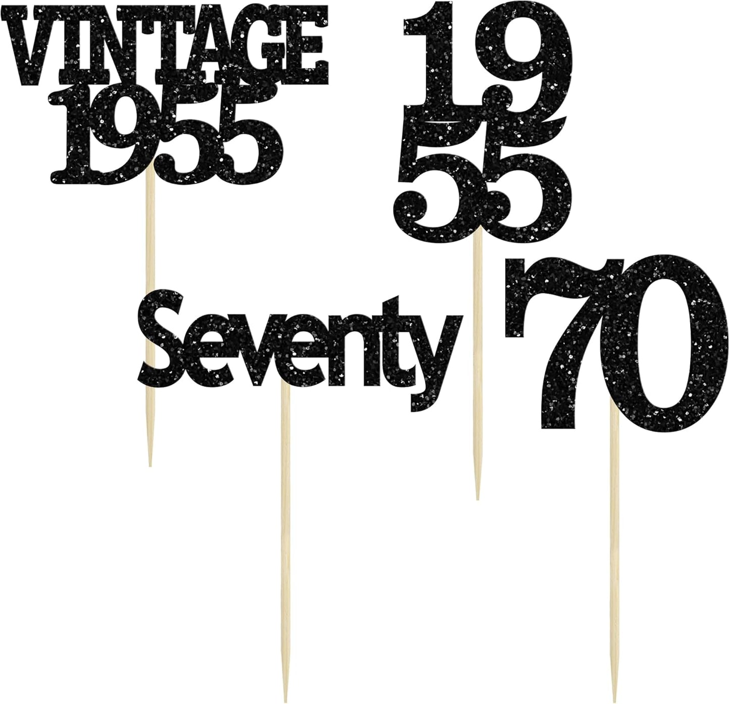 Gyufise 24Pcs Vintage 1955 Cupcake Toppers Glitter Cheers to 70 Fabulous Seventy Cupcake Picks 70th Birthday Wedding Anniversary Party Cake Decorations Supplies Black
