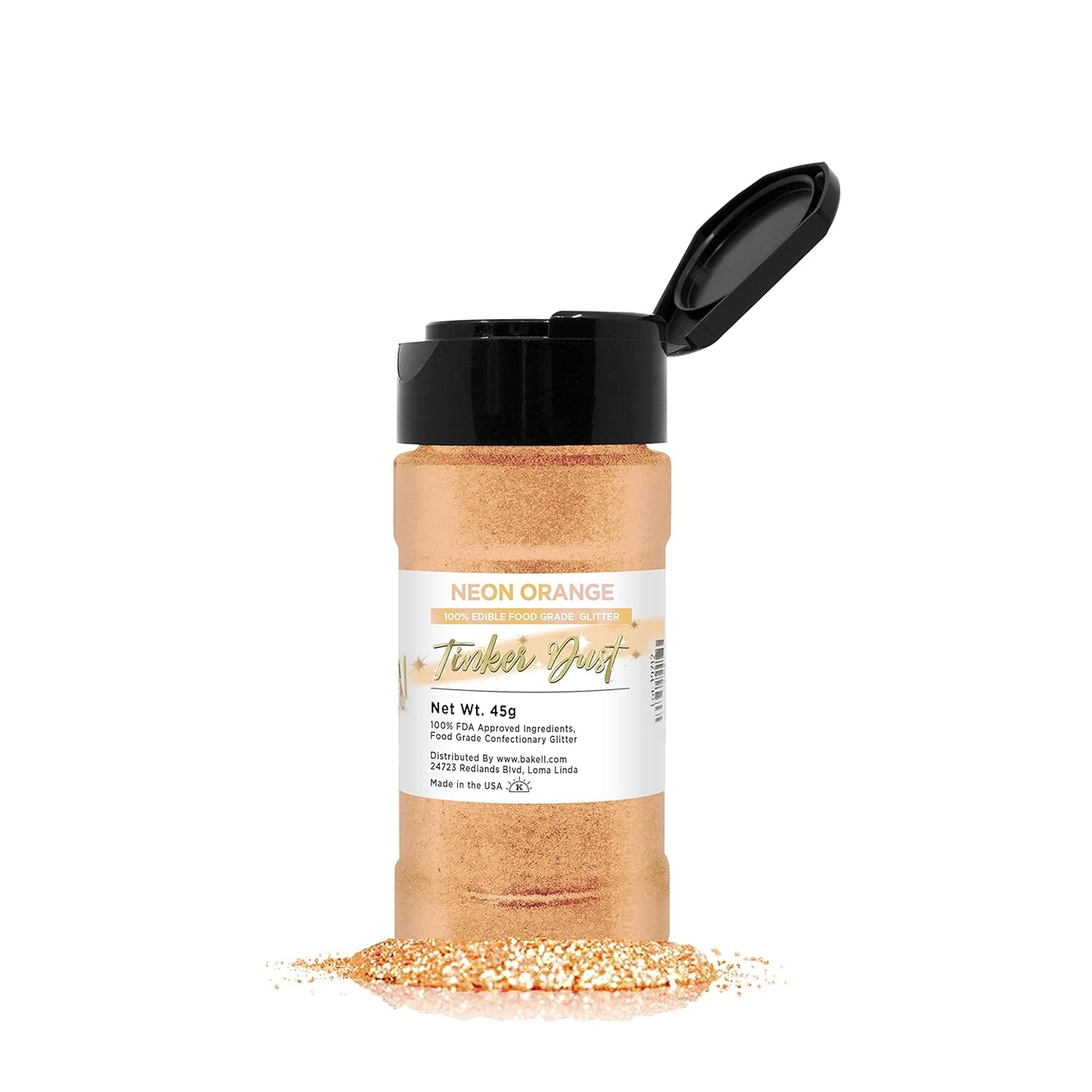 Neon Orange BAKELL Edible Glitter, 45 Grams | TINKER DUST Edible Glitter | KOSHER Certified | 100% Edible Glitter | Cakes, Cupcakes, Cake Pops, Drinks, Dessert Vegan Glitter & Dusts (45g Shaker, Neon Orange)