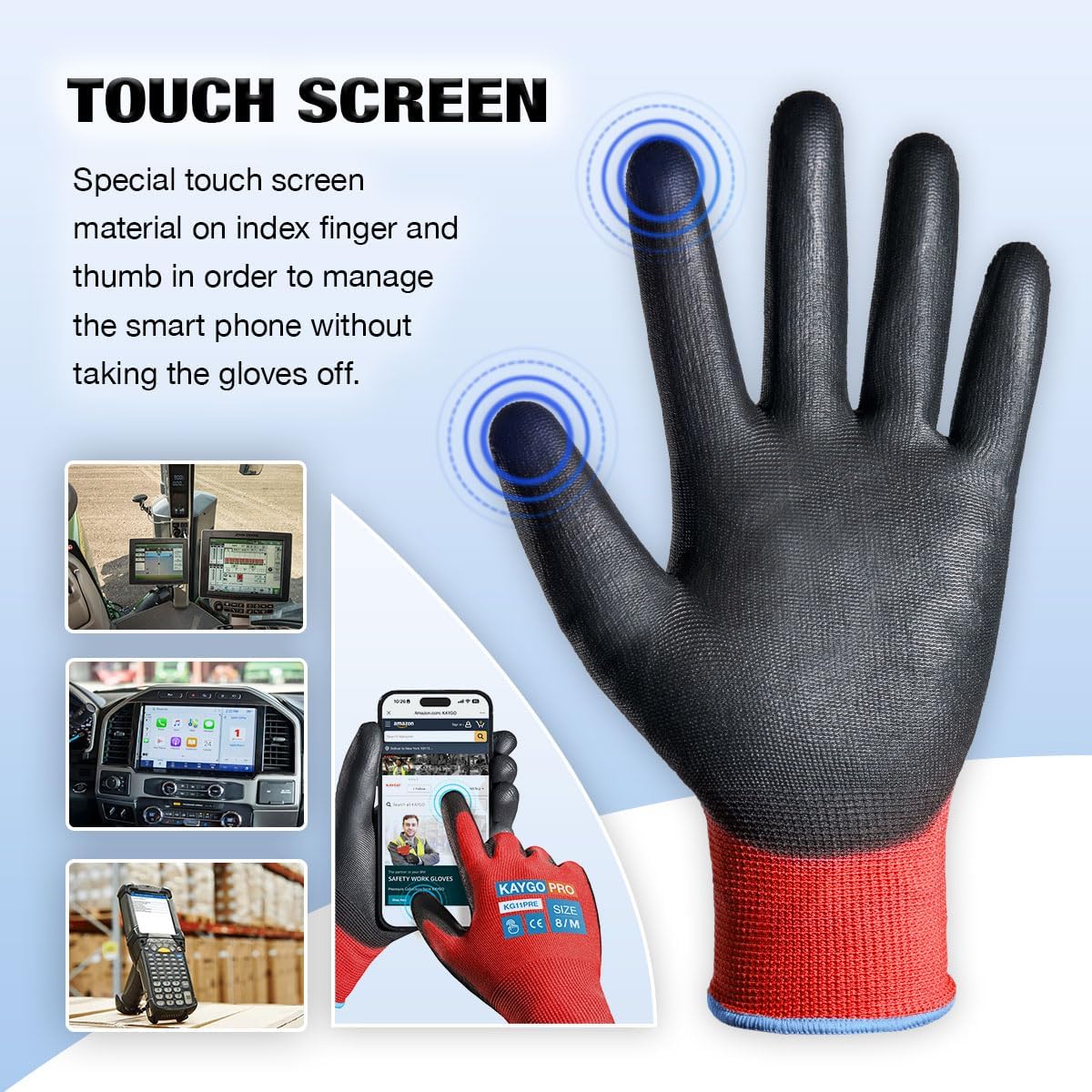 KAYGO Safety Work Gloves PU Coated for Men and Women- KG11P,12 Pairs,Seamless Knit Glove with Two Fingers Touchscreen,Ideal for General Duty Work (Red,S)