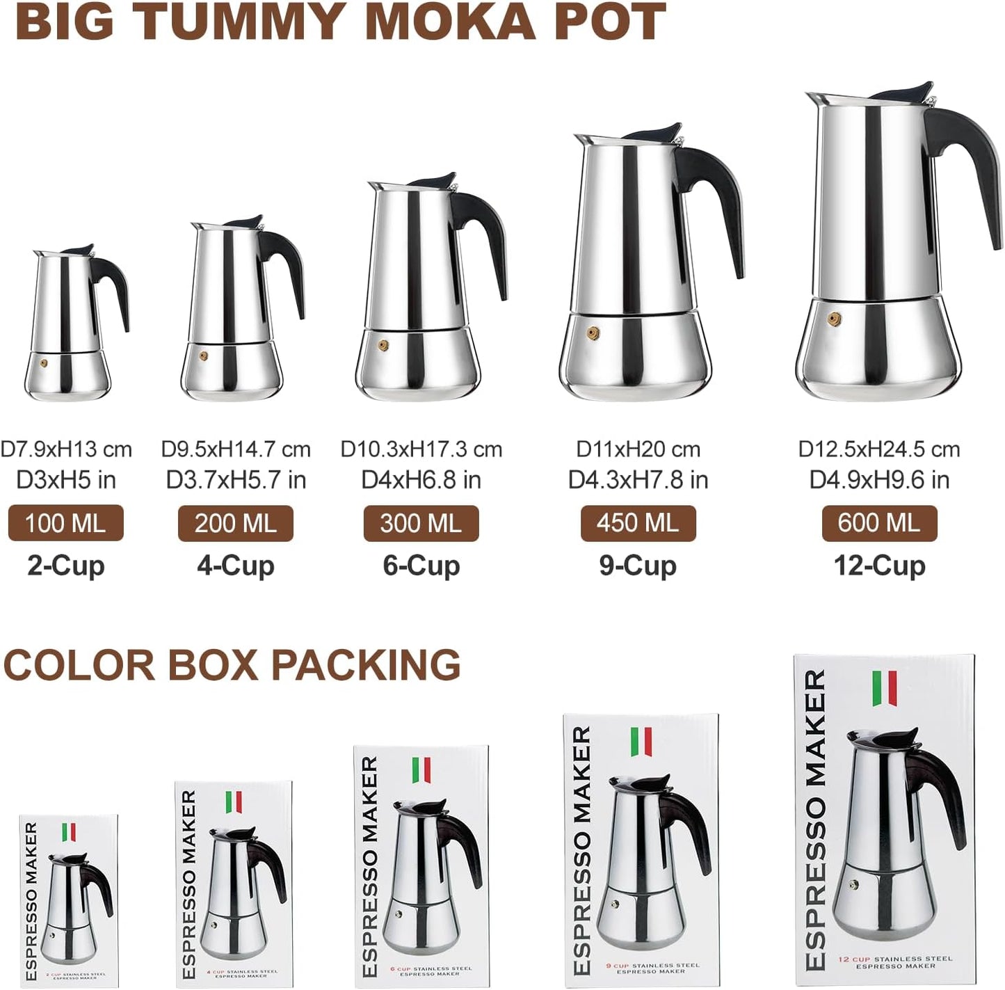 6 Cup Stovetop Espresso Maker Stainless Steel Moka Pot Stove Top Percolator Italian Coffee Makers Capable Mocha Greca Machine Cafe Classic Induction Cookers for Home and Camping 300ml 10oz