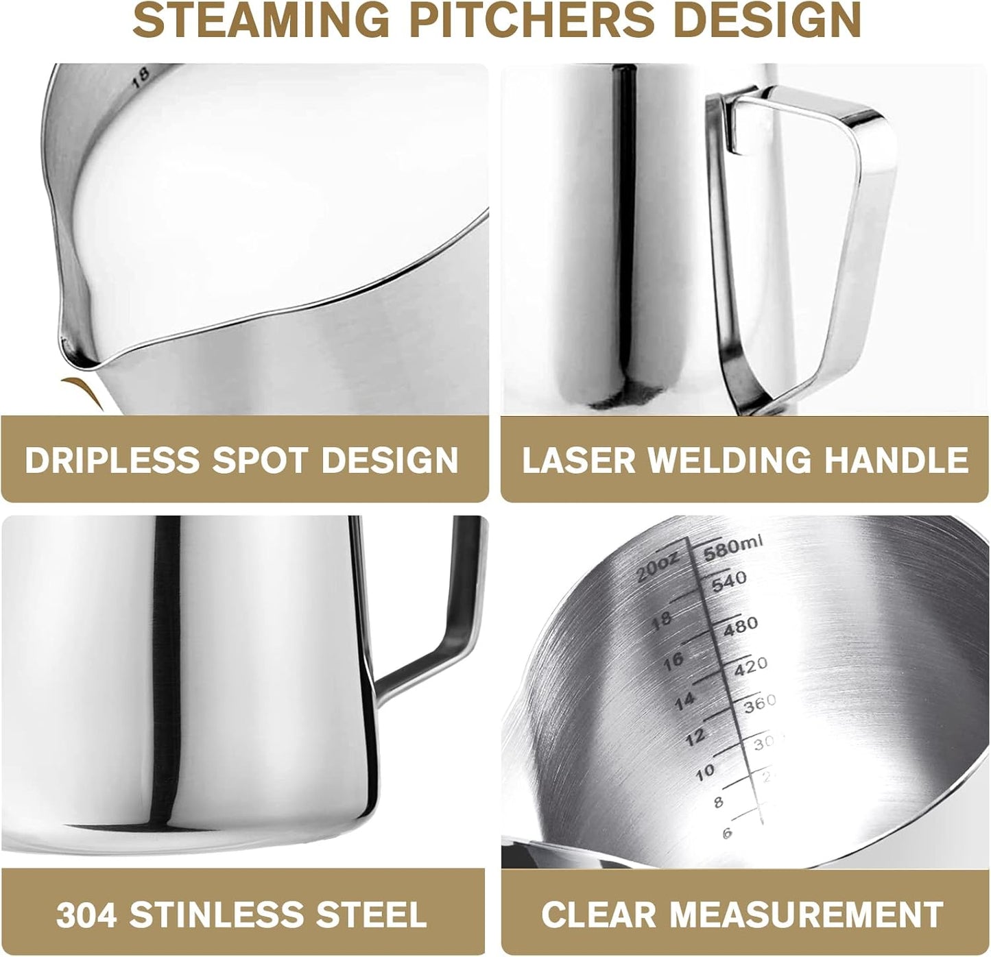 Milk Frothing Pitchers 20 oz, Stainless Steel Espresso Steaming Pitcher with Decorating Pen Coffee Milk Frother Cup with Scale Cappuccino Latte Art Barista Steam Pitchers Milk Frother Cup
