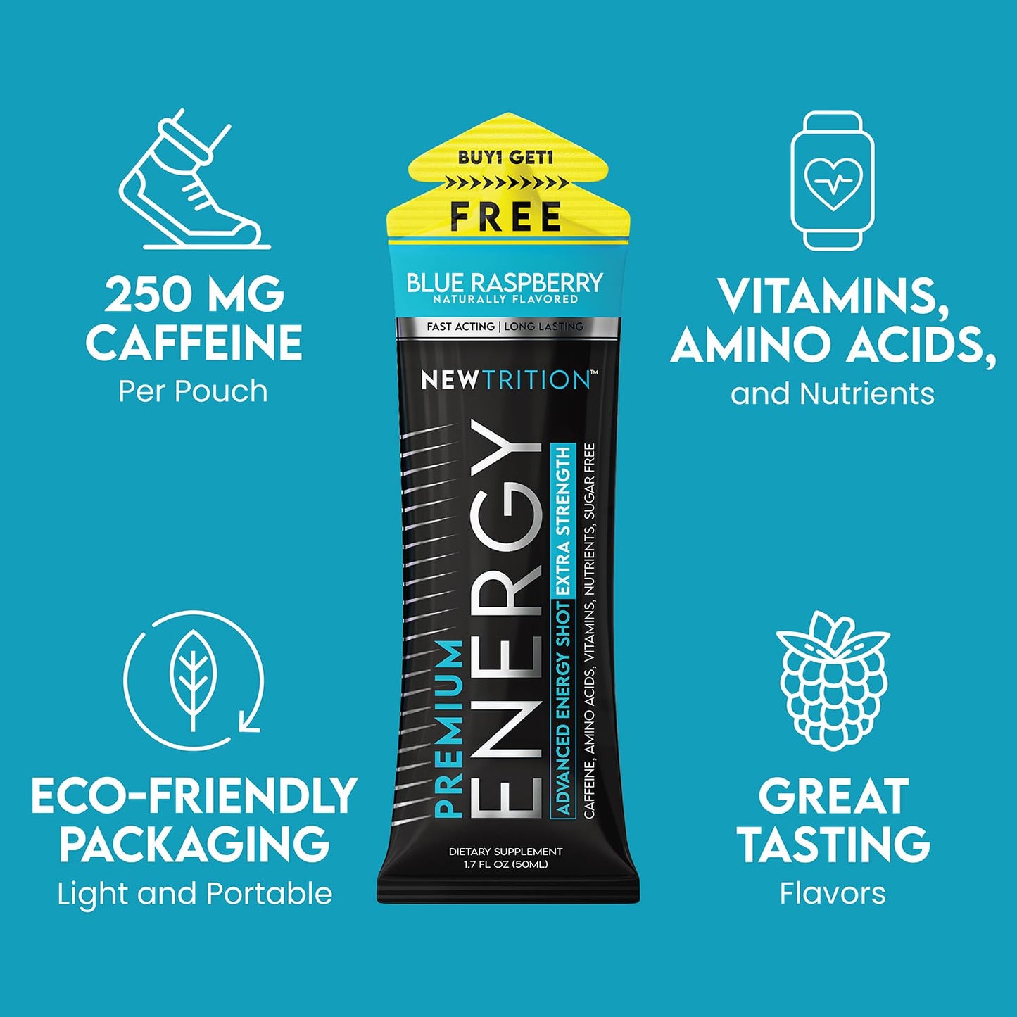 NewTrition® Extra Strength Energy Shots, 250mg Caffeine Energy Shots with Vitamin B & Amino Acids, Sugar-Free Vitamin Energy Shot, 1.7 fl oz (Pack of 24, Blue Raspberry)