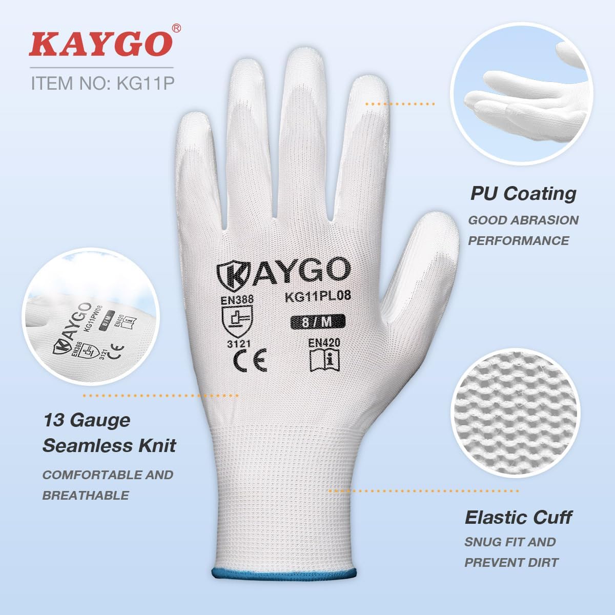 KAYGO Safety Work Gloves PU Coated-60 Pairs,KG11P Seamless Knit Glove with Polyurethane Coated Smooth Grip on Palm&Fingers, for Men and Women, Ideal for General Duty Work (X-Large, White)