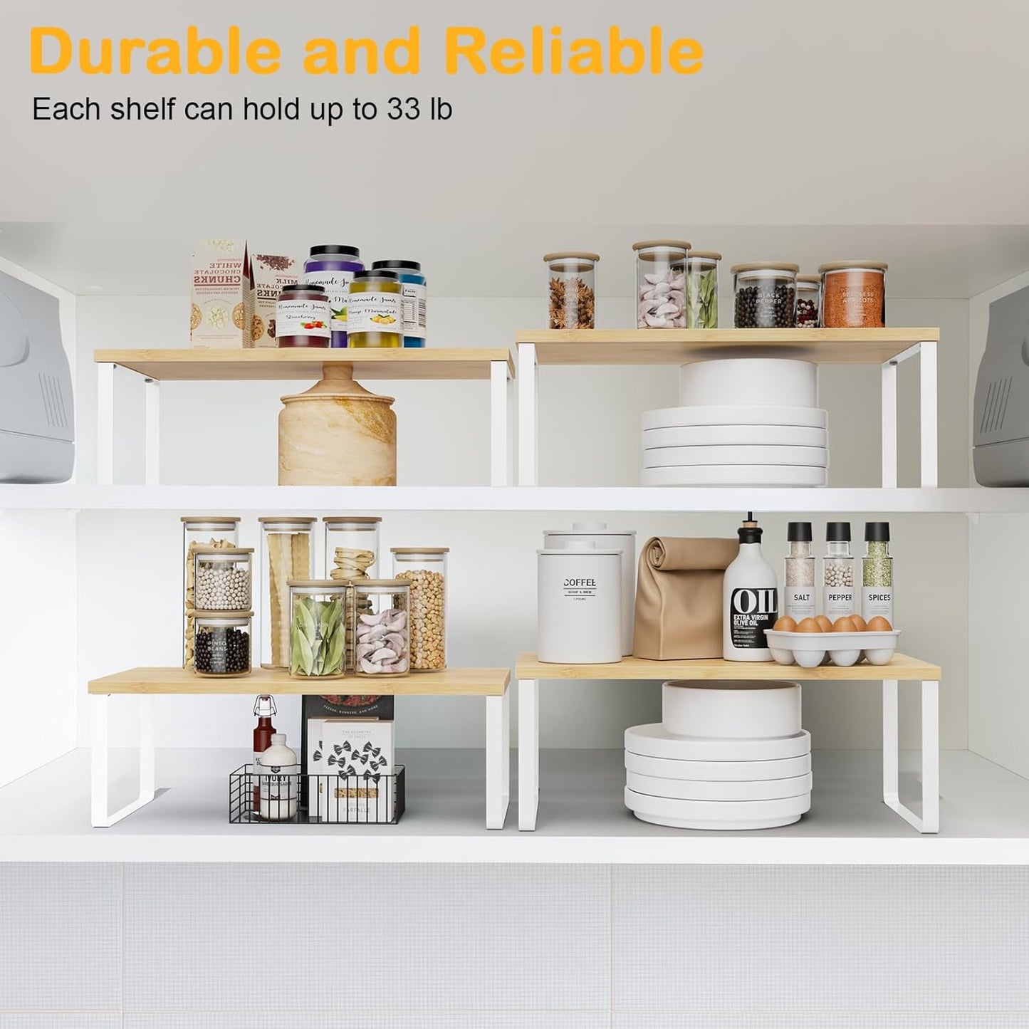 Cabinet Shelf Organizers, 15.7 inches Large Kitchen Counter Shelf, Set of 4 Wood Kitchen Pantry Organizer, Storage Shelves for Countertop, Spice Rack, Stackable, Expandable, Metal White, Nature