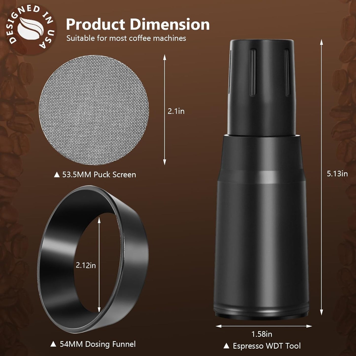 WDT Tool Espresso Distributor Accessory kit &1.7mm Thickness 150μm Mesh Puck Screen & 8 Magnets dosing ring Compatible with Breville Portafilter (WDT +54MM Black dosing ring&puck screen)