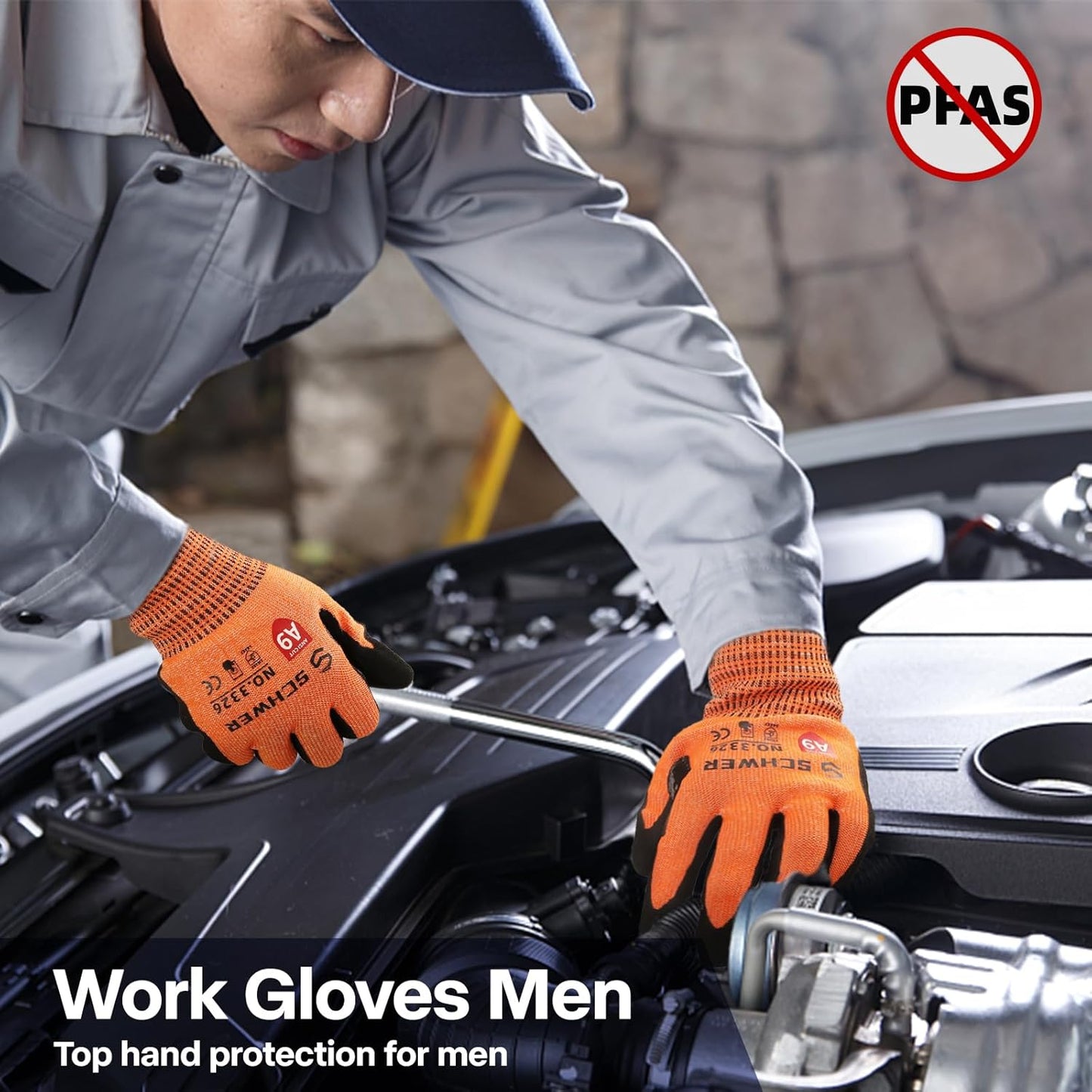 Schwer ProGuard Highest Level Cut Resistant Work Gloves PR3326 for Extreme Protection，ANSI A9 Cut Gloves with Reinforced Thumb, Non Slip, Non PFAS, Durable, Touch-screen, Orange 2 Pairs（L）