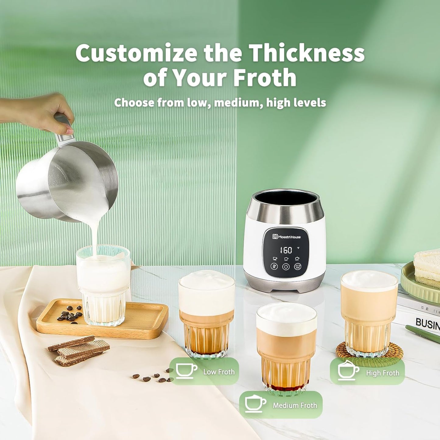 Maestri House Milk Frother, 21OZ Variable Temp and Froth Thickness Milk Frother and Steamer, Smart Touch Control Milk Warmer, Dishwasher Safe, Memory Function for Latte Cappuccino Hot Chocolate