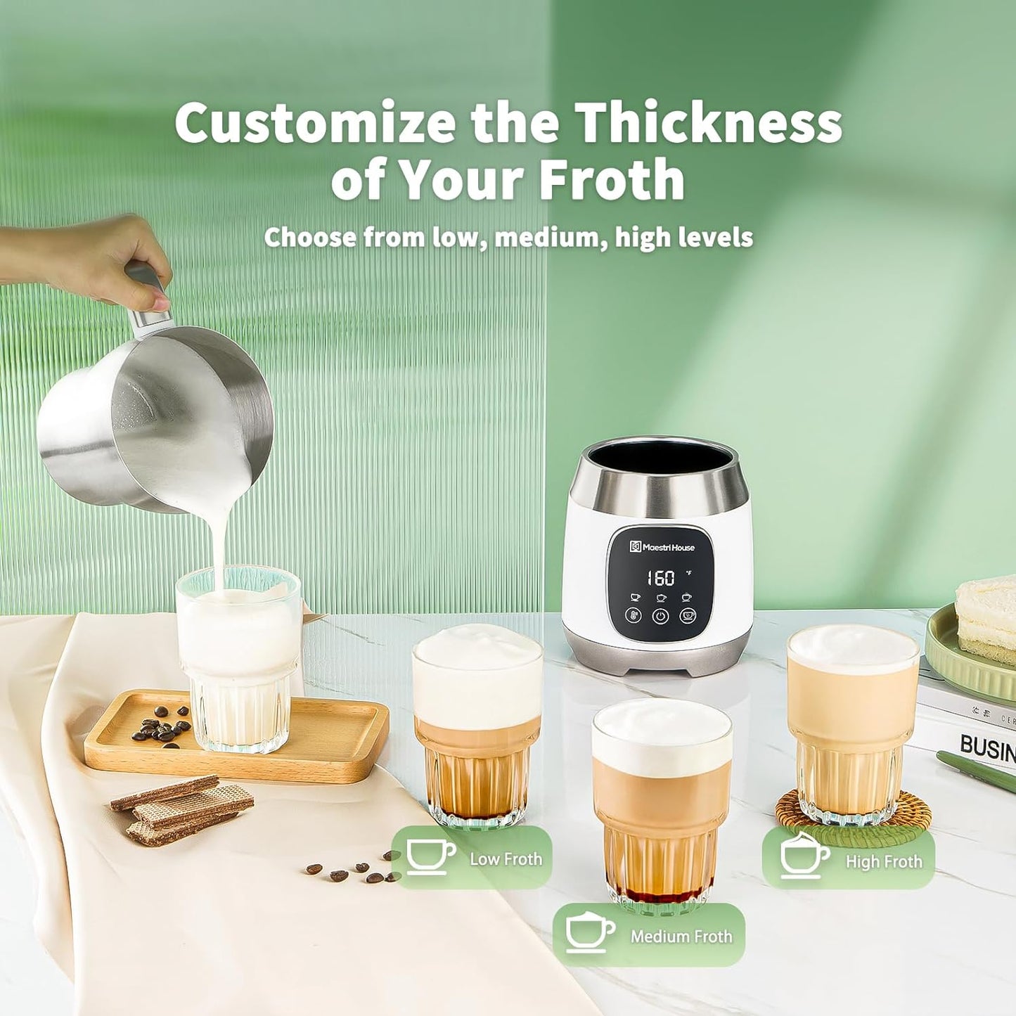 Maestri House Milk Frother, Variable Temp and Froth Thickness DualFro 600 Milk Frother Steamer, 21OZ Smart Touch Control Milk Warmer, Dishwasher Safe, Memory Function for Latte&Hot Chocolate (White)