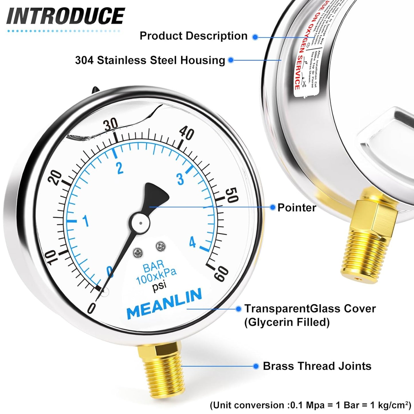 MEANLIN MEASURE 0~60Psi Stainless Steel 1/4" NPT 4" FACE DIAL Liquid Filled Pressure Gauge, Pool Sand Filter Water Pump Pressure Test Lower Mount, with 1/2" NPT and 3/8" NPT Hex Bushing