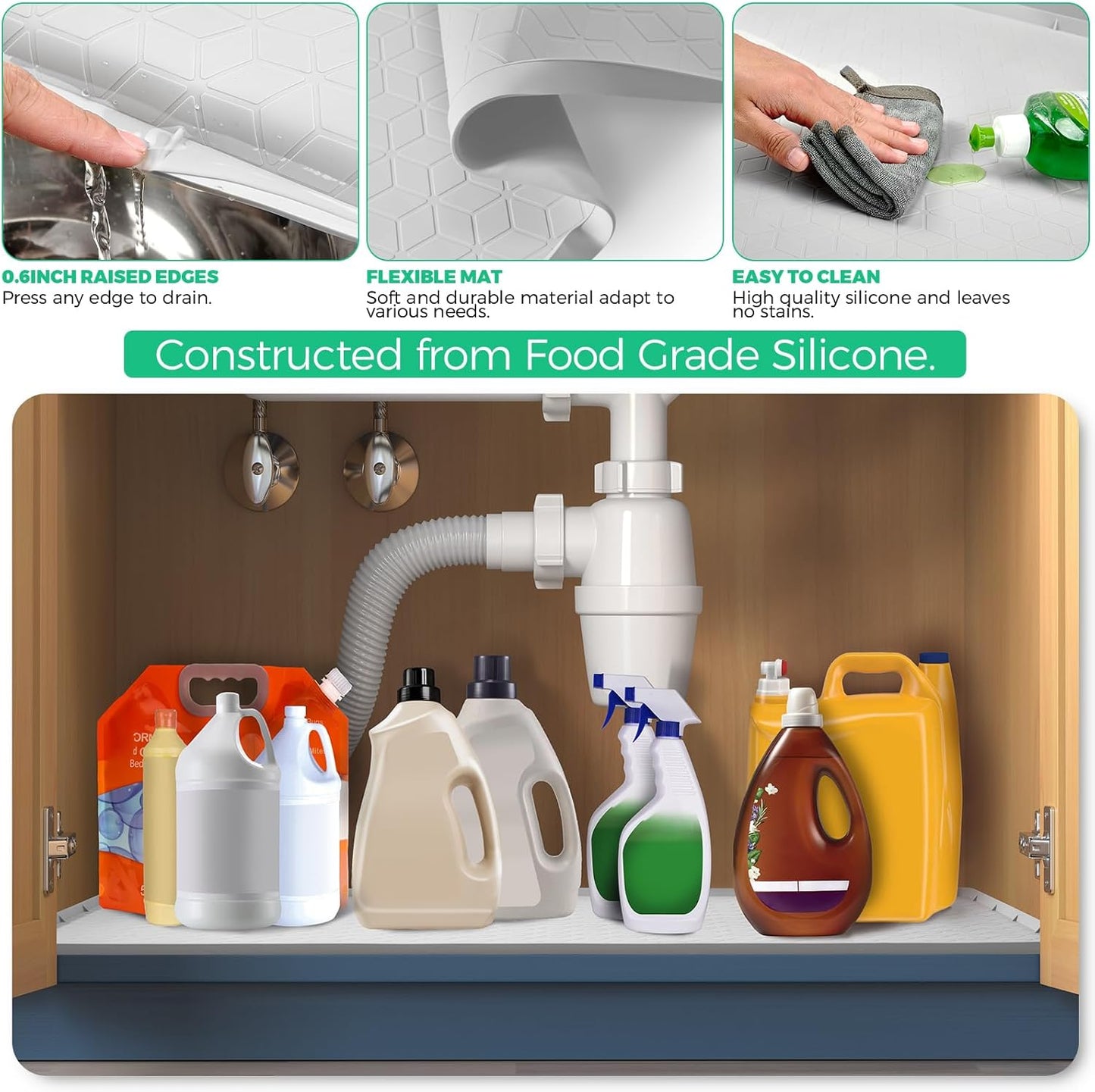 TRZZ Silicone Waterproof Under Sink Mat 28" x 19", Drip Tray and Cabinet Liner for Kitchen and Bathroom, Prevents Water Damage and Organizes Cabinets (Light Grey)