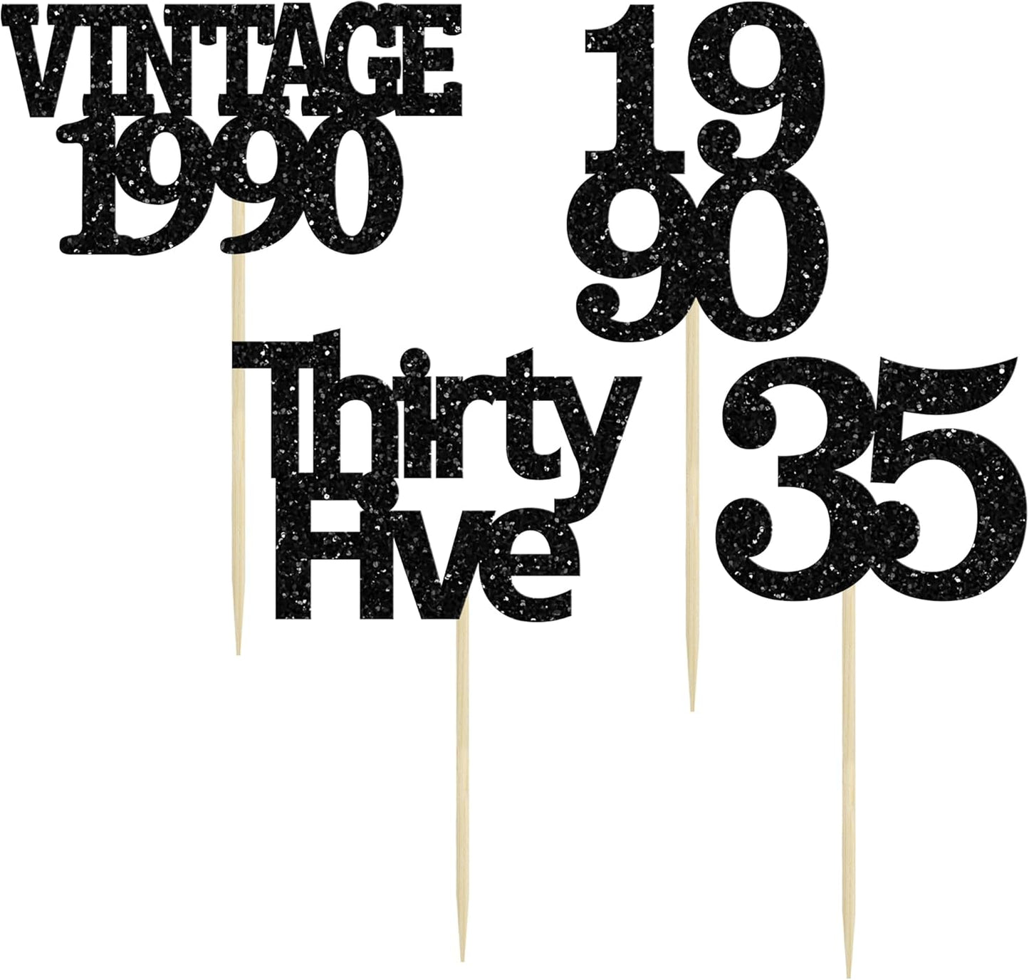 Gyufise 24Pcs Vintage 1990 Cupcake Toppers Glitter Cheers to 35 Fabulous Thirty Five Cupcake Picks 35th Birthday Wedding Anniversary Party Cake Decorations Supplies Black