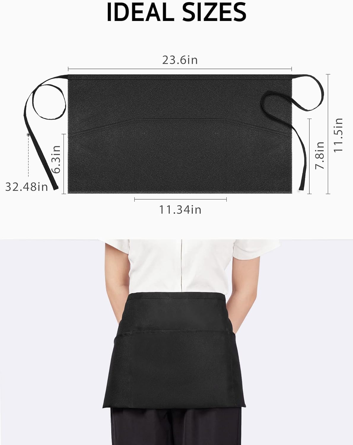 Syntus 1 Pack Server Aprons with 3 Pockets, Waterdrop Resistant Waitress Waiter Waist Apron, 11.5-inch Black