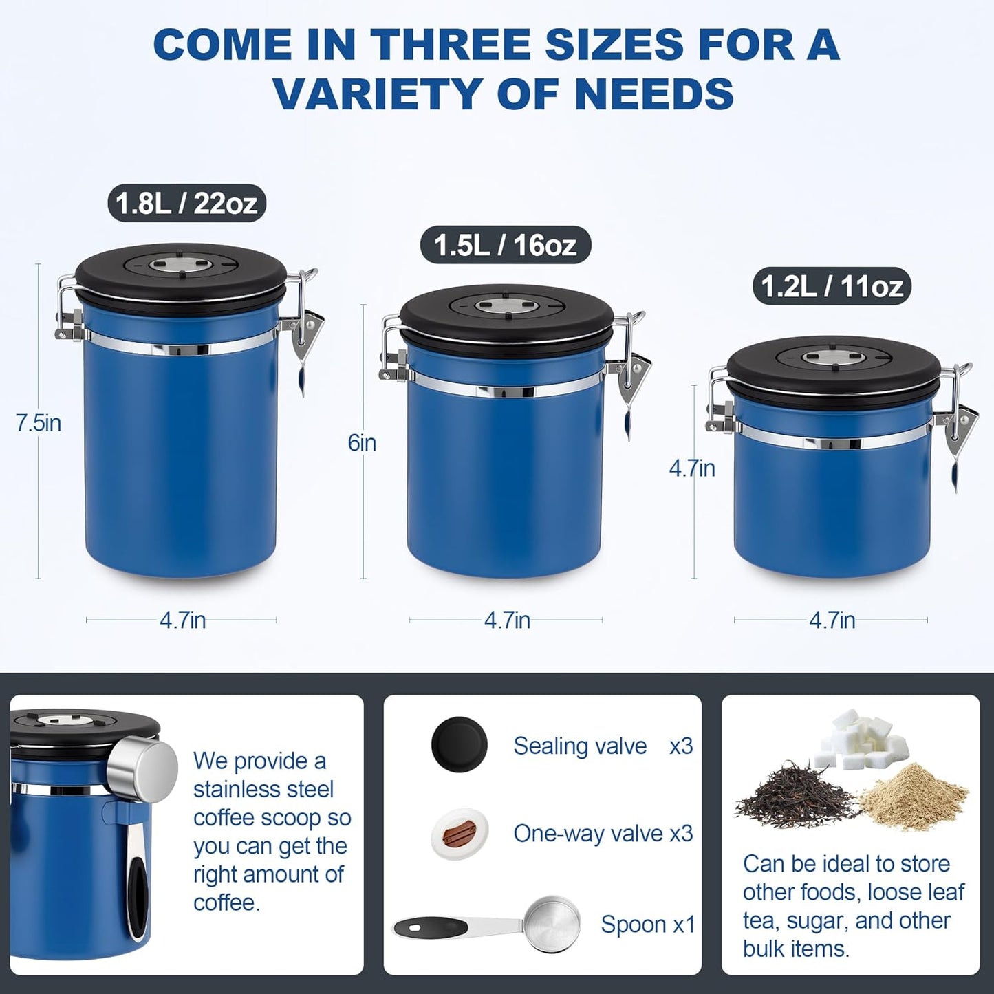 ShanSon Coffee Canister Airtight Coffee Container Stainless Steel Coffee Bean Storage Container with Scoop Coffee Canister for Beans Grounds Sugar Flour Tea Cereal,11OZ,Blue