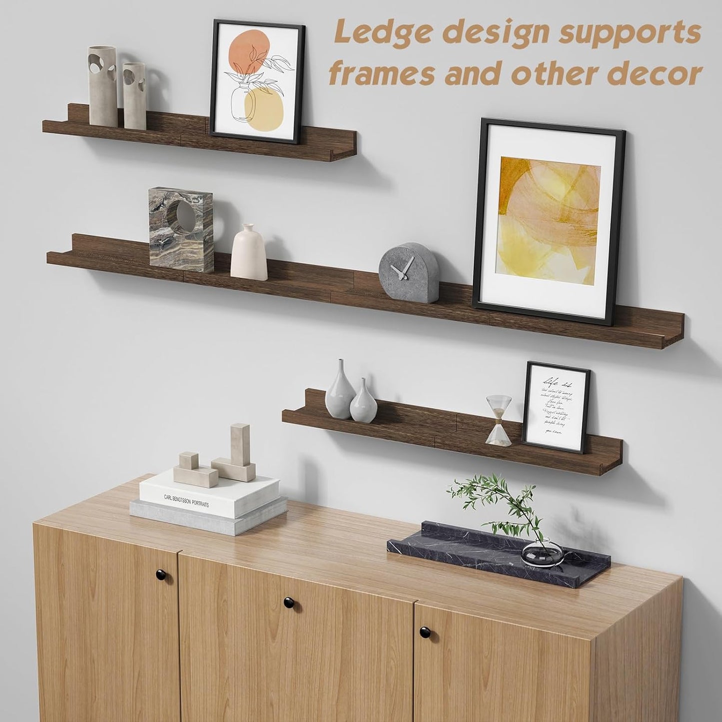 Forbena Wooden Floating Shelves with Lip for Wall, Dark Brown Picture Ledge Shelf for Books Photo Framses, Rustic Farmhouse Hanging Wall Shelves for Bedroom Office Kitchen (Set of 4, Solid Wood)