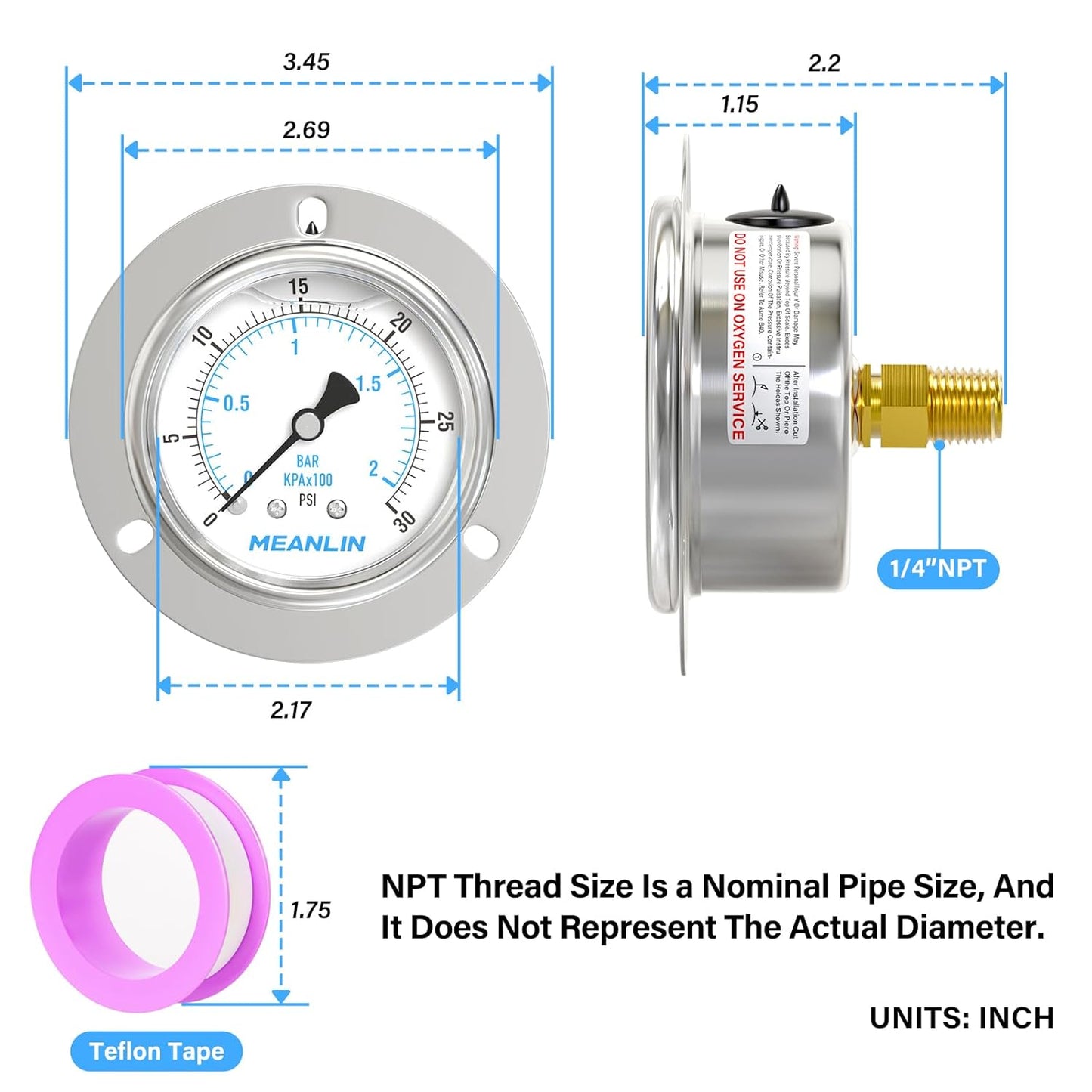 MEANLIN MEASURE 0~30Psi Liquid Filled Pressure Gauge Front Flange Panel Mount, 1/4" NPT 2.5" FACE DIAL Stainless Steel Case with Phillips Screw and Nut, +/-3-2-3%