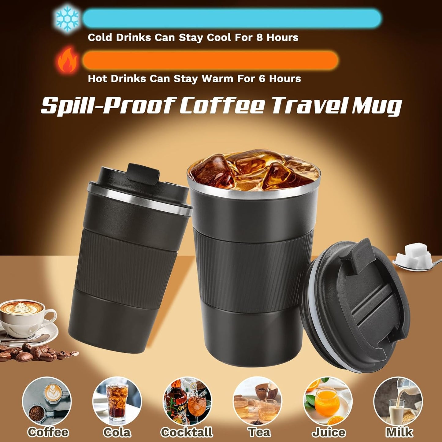 Vacuum-Insulated Stainless Steel Travel Coffee Mug, Leak-Proof Reusable Coffee Cup with Lid - Keep Hot & Cold Drinks for Hours, Durable Thermos Tumbler for Men & Women (3rd-Black, 12OZ)
