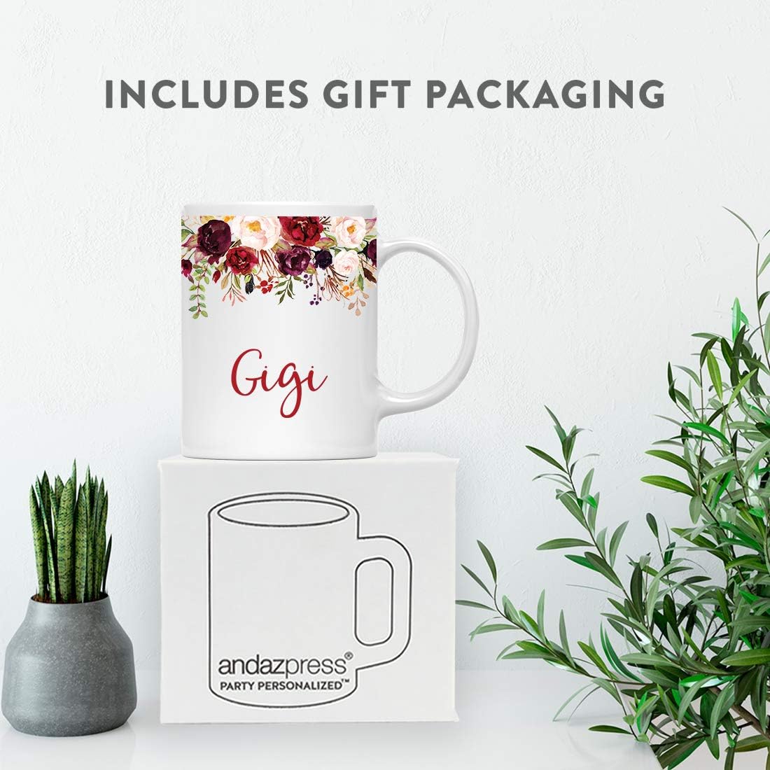 Andaz Press 11oz. Mother's Day Ceramic Coffee Tea Mug Gift, Fall Autumn Marsala Burgundy Flowers Roses Florals, Gigi, 1-Pack, Includes Gift Box, Birthday Christmas Gift Ideas