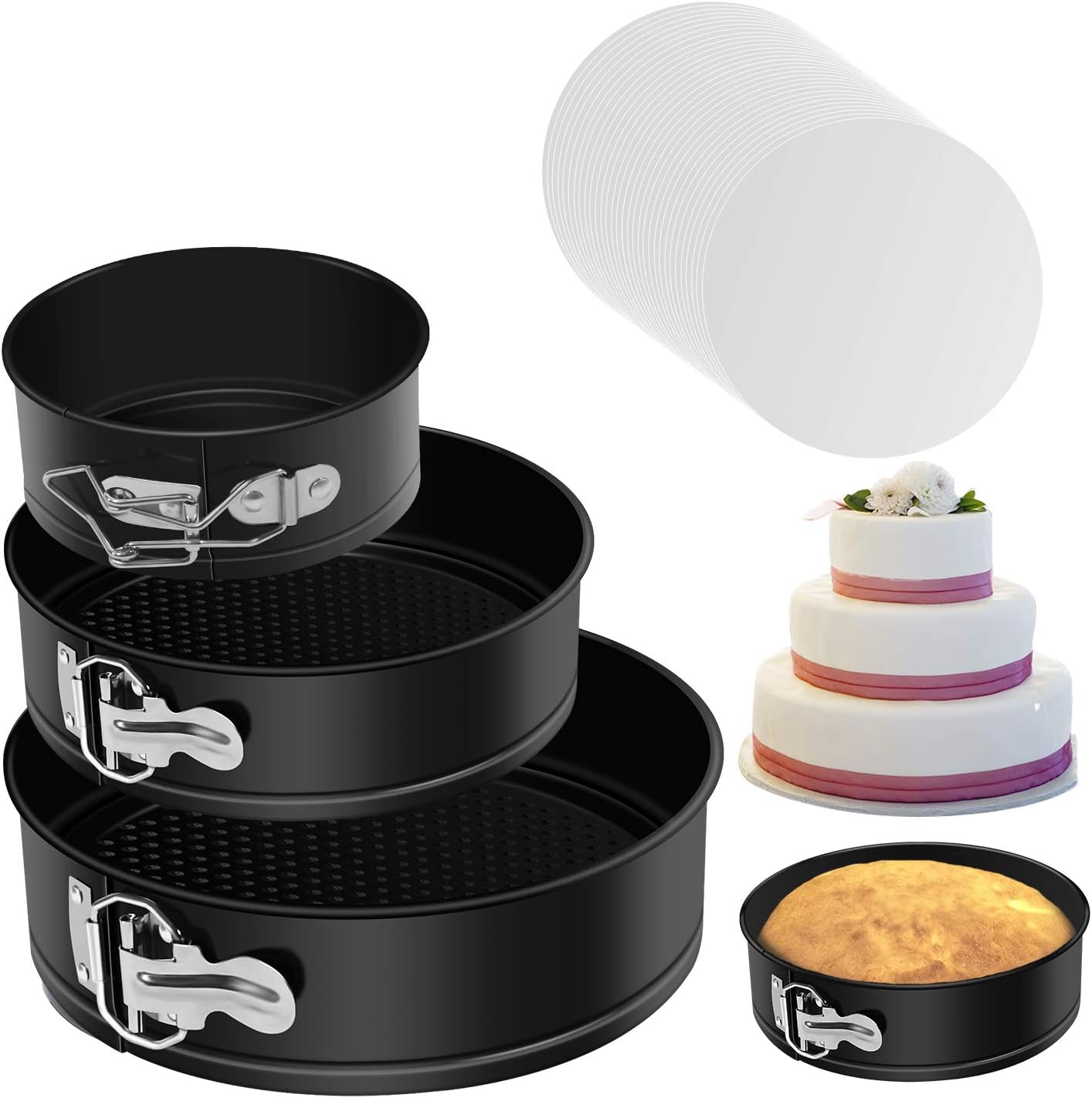 Springform Cake Pan Set of 3 Non-stick Leakproof Round Cheesecake Pan with Removable Bottom, Circle 3 Pieces 4" 7" 9" Springform Pans for Baking with 50 Pcs Parchment Paper Liners