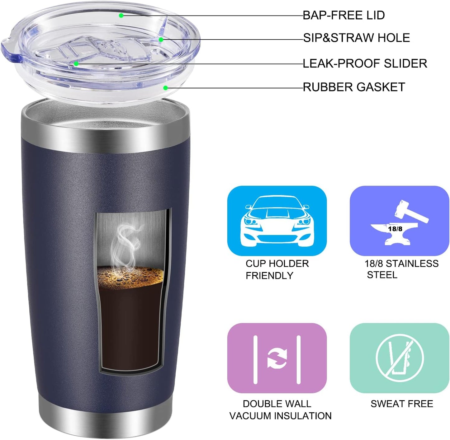 VEGOND 20oz Tumbler with Lid and Straw Stainless Steel Tumbler Cup Bulk Vacuum Insulated Double Wall Travel Coffee Mug Powder Coated Coffee Cup(Navy Blue 12 Pack