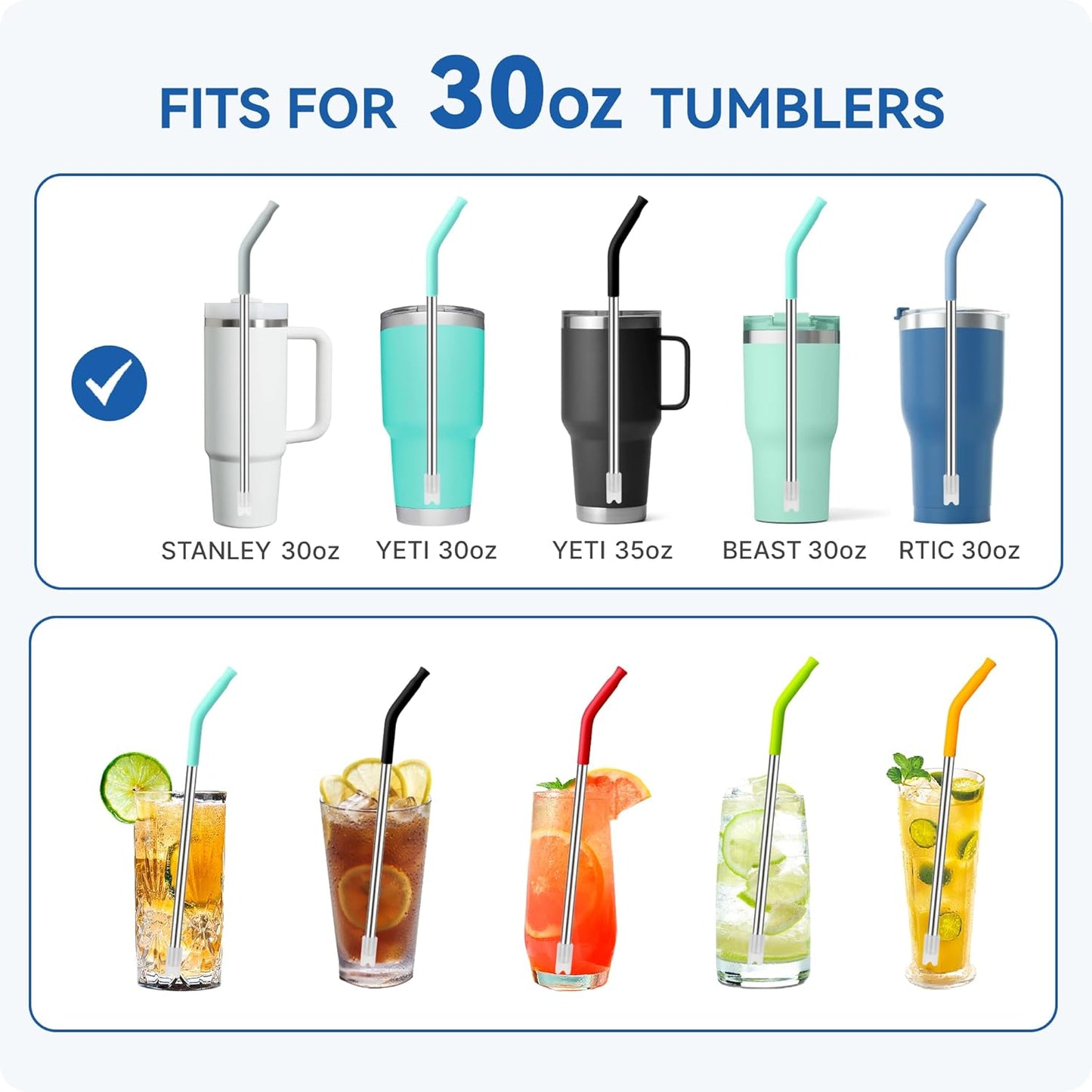 Reusable Metal Straws with Silicone Tip for Stanley 30oz,Stainless Steel Drinking Straws for 30oz Tumbler,3 Straight Tubes & 6 Tips& 1 Cleanr Brush (Transparent)
