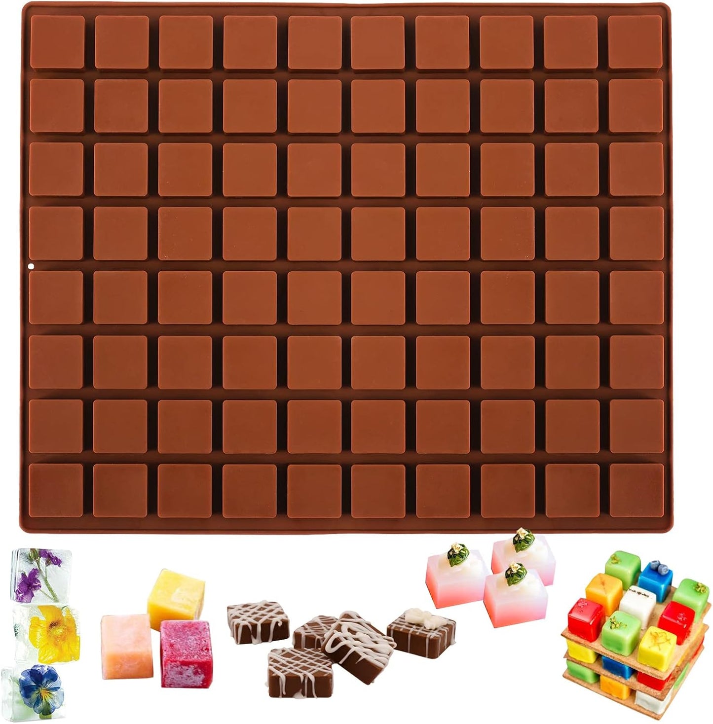 Sakolla Square Chocolate Mold, 80 Cavities Silicone Molds for Chocolate, Caramel, Praline, Ice Cube, Jelly, and Gummy (Coffee）