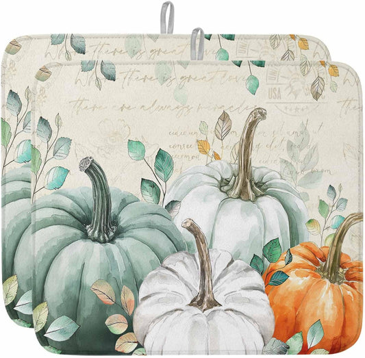 Fall Dish Drying Mat for Kitchen Counter Green Pumpkin Drying Pad Absorbent Drying Mats for Countertops Sinks Draining Racks Eucalyptus Leaves Drainer Holiday Harvest Thanksgiving Decorations 18x24