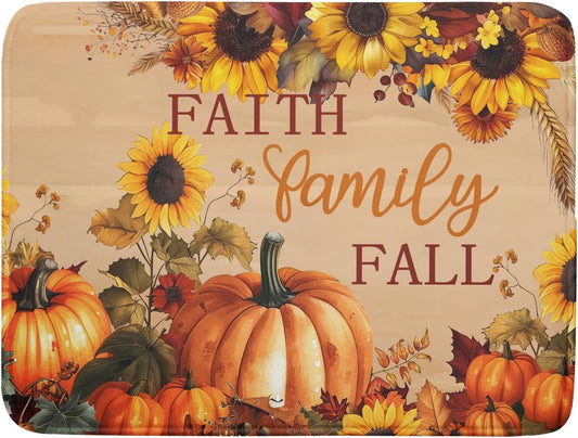 Fall Pumpkin Sunflower Dish Drying Mat 18¡±x24¡± Faith Family Fall Drying Mat for Kitchen Counter Absorbent Autumn Orange Pumpkins Thanksgiving Dishes Pad Drainer Mat Protector for Kitchen Fast Dry