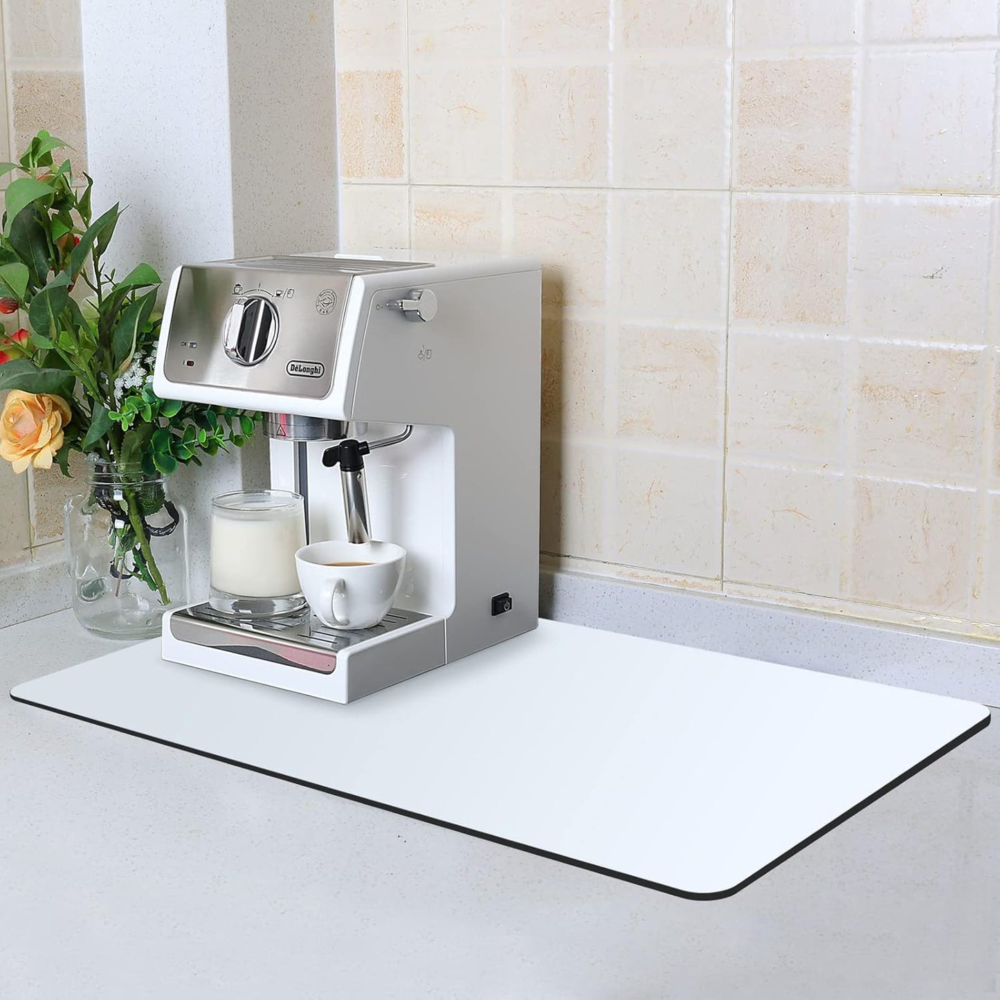 ZLR Coffee Mat - 12" x 20" Middle Kitchen Hide Stain Absorbent Dish Drying Mat for Countertop - Easy to Clean Coffee Bar Mat for Espresso Machine and Spill Protection - Milk White