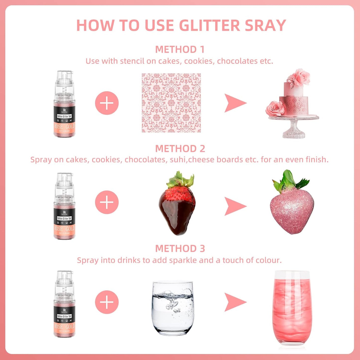 Edible Glitter Spray - 3/4oz Luster Dust Edible Food Grade Glitter Shimmer Dust Powder for Cocktails, Drinks, Cake Decorating - Metallic Food Coloring Powder for Wine, Candy, Cookie, Icing (Pink)