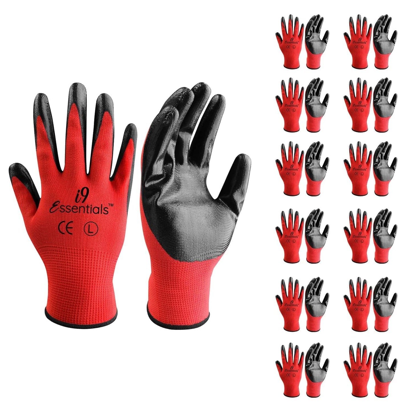 I9 Essentials Nitrile Coated Work Gloves - 12 Pairs Large, Durable, Breathable Safety Gloves for Construction, Gardening, Carpentry – Washable, Reusable for men and women
