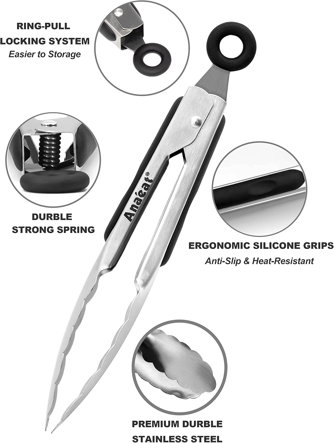 Anaeat 3 Pack 7" Mini Stainless Steel Cooking Tongs - Sturdy Coiled Spring Locking Kitchen Food Tong with Non-Slip Silicone Grip for Serving, Cooking, Baking - Heat Resistant up to 480¡ÆF (Black)