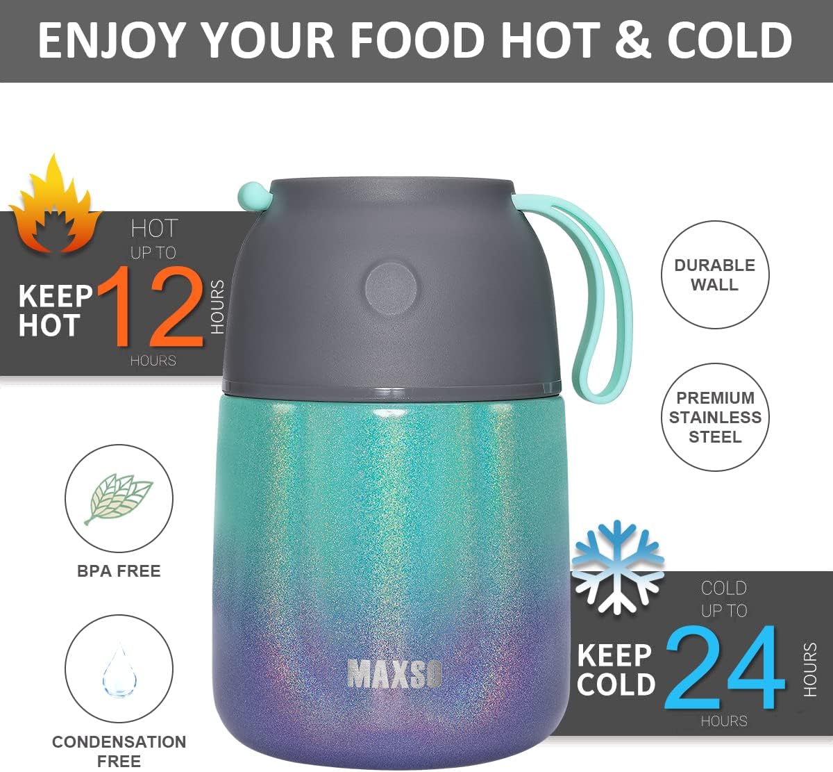 Insulated Thermo Soup Jar for Kids & Adults, 17 oz Stainless Steel Thermal Food Container with Spoon, Triple Layer Insulation (Rainbow)