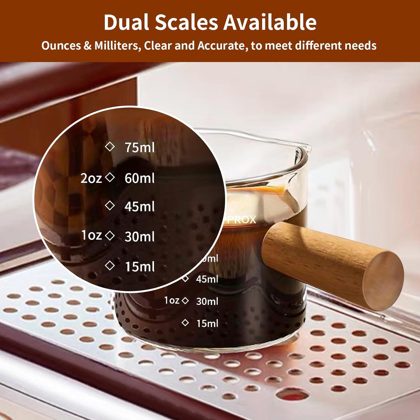 YARRAMATE 3.4oz Espresso Shots Cup with Wood Handle, Clear Glass Espresso Measuring Cup with Dual Scale, Shot Glass with Single Spout